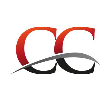 İlk harf CC logotype şirketi adı kırmızı ve siyah swoosh tasarımı. Siyah arkaplanda izole.