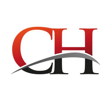 İlk harf CH logotype şirket adı kırmızı ve siyah Swoosh tasarımı. Siyah arkaplanda izole.