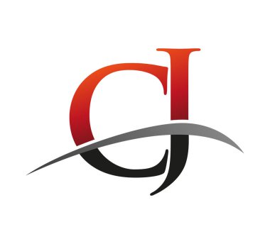 İlk harfi CJ logotype şirketi. Renkli kırmızı ve siyah Swoosh tasarımı. Siyah arkaplanda izole.