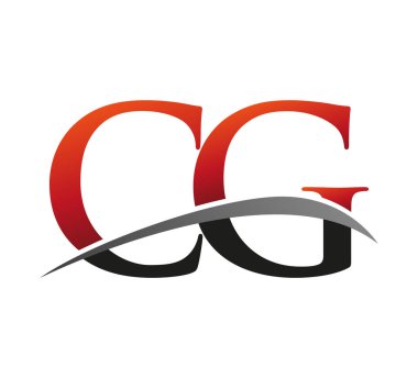 İlk harf CG logotype şirketinin adı: Renkli kırmızı ve siyah Swoosh tasarımı. Siyah arkaplanda izole.