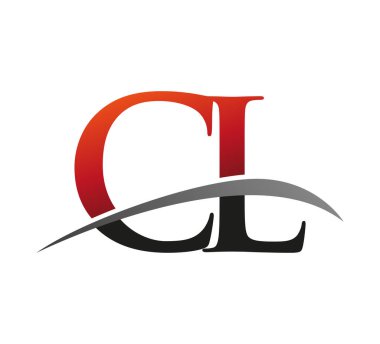İlk harf CL logotype şirket adı kırmızı ve siyah swoosh tasarımı. Siyah arkaplanda izole.