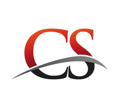 İlk harf CS logotype şirketinin adı: Renkli kırmızı ve siyah Swoosh tasarımı. Siyah arkaplanda izole.