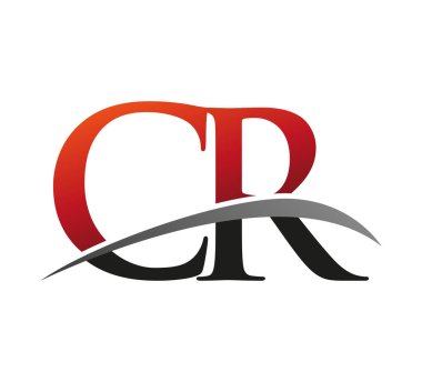 İlk harf CR logotype şirketi adı: Renkli kırmızı ve siyah Swoosh tasarımı. Siyah arkaplanda izole.