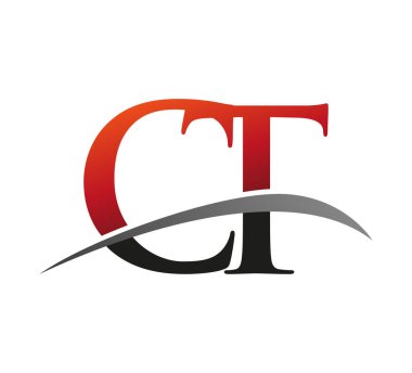 İlk harf CT logotype şirketi adı: Renkli kırmızı ve siyah Swoosh tasarımı. Siyah arkaplanda izole.