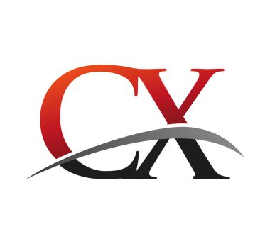 İlk harf CX logotype şirketi adı kırmızı ve siyah Swoosh tasarımı. Siyah arkaplanda izole.