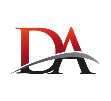 İlk harfi DA logotype şirketi. Renkli kırmızı ve siyah Swoosh tasarımı. Siyah arkaplanda izole.