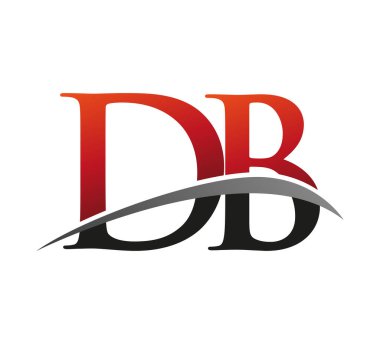 İlk harf D.B logotype şirket adı kırmızı ve siyah swoosh tasarımı. Siyah arkaplanda izole.