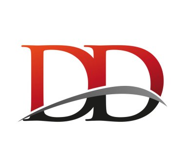 İlk harf DD logotype şirketi adı kırmızı ve siyah Swoosh tasarımı. Siyah arkaplanda izole.
