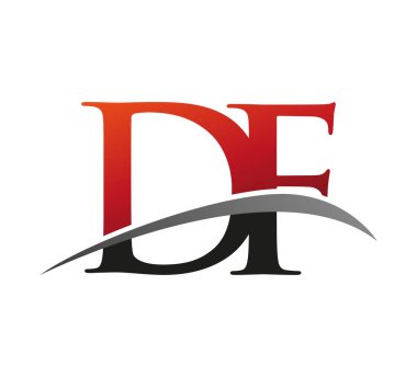İlk harfi DF logotype şirketi. Renkli kırmızı ve siyah Swoosh tasarımı. Siyah arkaplanda izole.