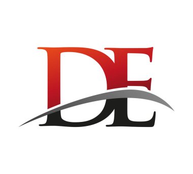 İlk harf DE logotype şirketi adı: Renkli kırmızı ve siyah Swoosh tasarımı. Siyah arkaplanda izole.