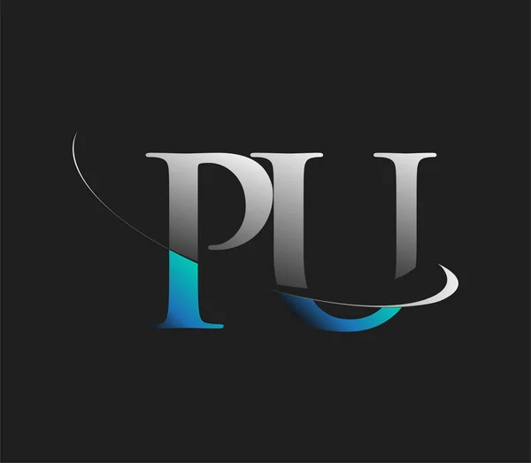 Pu初期のロゴ会社名は濃い背景に隔離された青と白のスウッシュデザインを着色しました ビジネスと会社のアイデンティティのためのベクトルロゴ — ストックベクタ