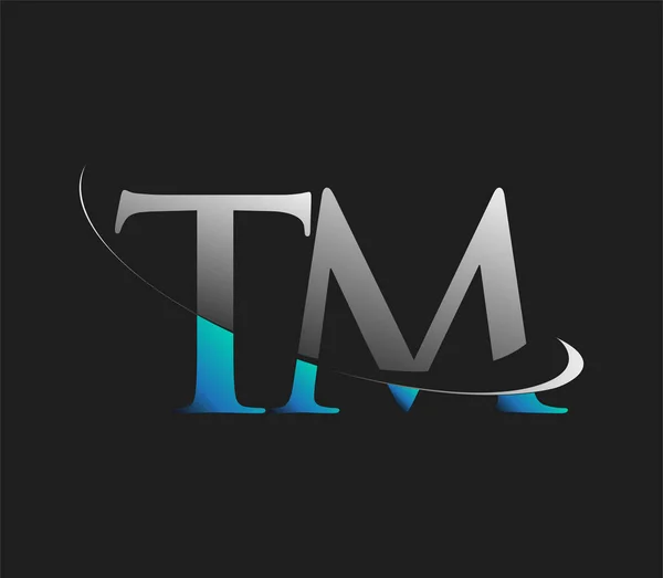 Tm公司最初的商标名称为彩色蓝白色的Swoosh设计 隔离在黑暗的背景下 企业和公司标识的矢量标识 — 图库矢量图片