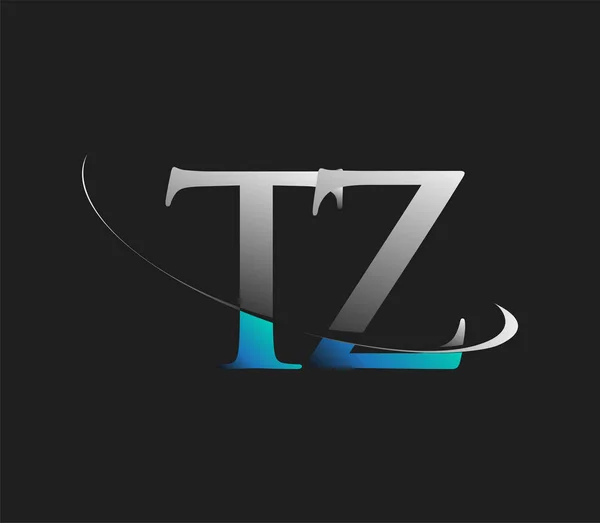 Tz最初的标识公司的名称是蓝色和白色的Swoosh设计 隔离在黑暗的背景下 企业和公司标识的矢量标识 — 图库矢量图片