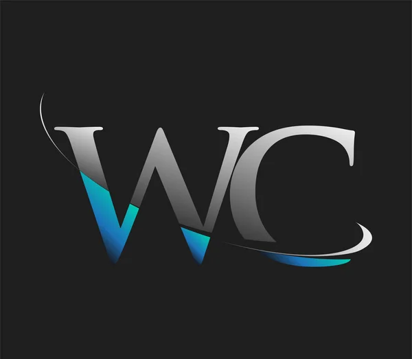 Wc最初的标识公司的名称是蓝色和白色的Swoosh设计 隔离在黑暗的背景下 企业和公司标识的矢量标识 — 图库矢量图片