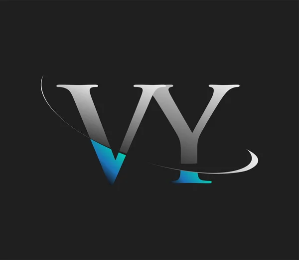 Vy最初的标志公司的名称是蓝色和白色的Swoosh设计 隔离在黑暗的背景下 企业和公司标识的矢量标识 — 图库矢量图片
