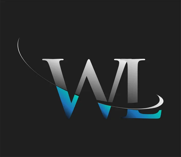 Wl最初的标识公司的名称是蓝色和白色的Swoosh设计 隔离在黑暗的背景下 企业和公司标识的矢量标识 — 图库矢量图片