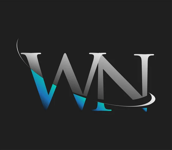Wn最初的标识公司名称为彩色蓝白色的Swoosh设计 隔离在黑暗的背景下 企业和公司标识的矢量标识 — 图库矢量图片