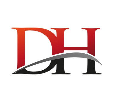İlk harf DH logotype şirket adı kırmızı ve siyah swoosh tasarımı. Siyah arkaplanda izole.