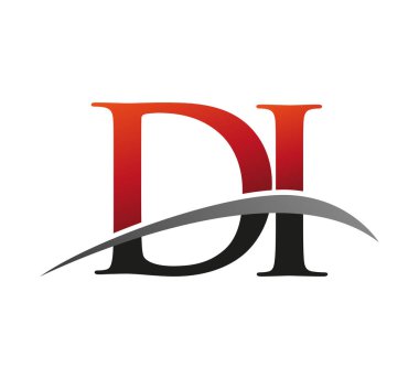 İlk harf DI logotype şirket adı kırmızı ve siyah Swoosh tasarımı. Siyah arkaplanda izole.