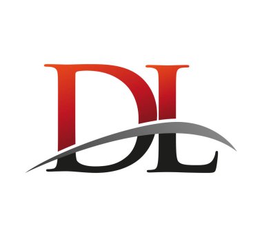 İlk harf DL logotype şirket adı kırmızı ve siyah swoosh tasarımı. Siyah arkaplanda izole.