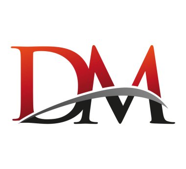 İlk harf DM logotype şirket adı kırmızı ve siyah swoosh tasarımı. Siyah arkaplanda izole.