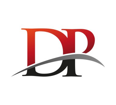 İlk harf DP logotype şirketi adı: Renkli kırmızı ve siyah Swoosh tasarımı. Siyah arkaplanda izole.
