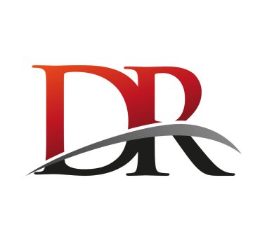 İlk harf DR logotype şirket adı kırmızı ve siyah swoosh tasarımı. Siyah arkaplanda izole.