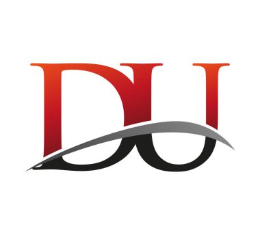 İlk harfi DU logotype şirketi. Renkli kırmızı ve siyah Swoosh tasarımı. Siyah arkaplanda izole.