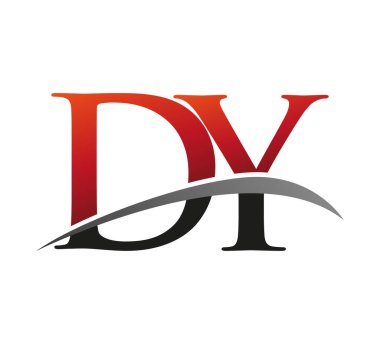 İlk harf DY logotype şirketi adı: Renkli kırmızı ve siyah Swoosh tasarımı. Siyah arkaplanda izole.