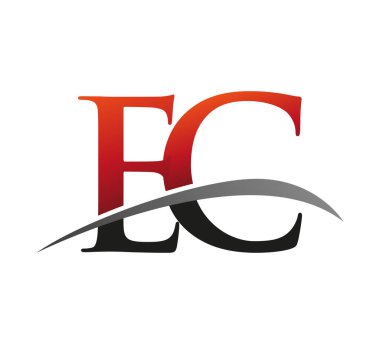 İlk harf EC logotype şirketi adı kırmızı ve siyah swoosh tasarımı. Siyah arkaplanda izole.