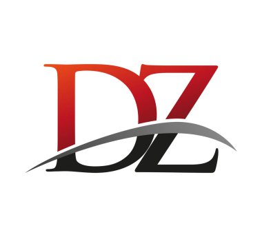 İlk harf DZ logotype şirket adı kırmızı ve siyah swoosh tasarımı. Siyah arkaplanda izole.