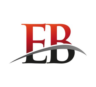 İlk harf EB logotype şirket adı kırmızı ve siyah swoosh tasarımı. Siyah arkaplanda izole.