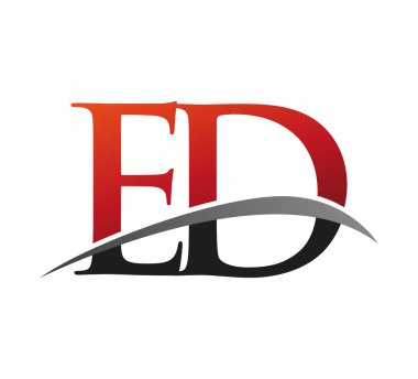 İlk harf ED logotype şirketi adı: Renkli kırmızı ve siyah Swoosh tasarımı. Siyah arkaplanda izole.