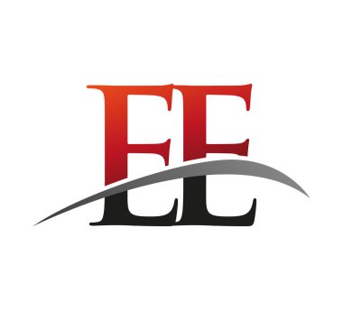 İlk harf: EE logotype şirketi adı: Renkli kırmızı ve siyah Swoosh tasarımı. Siyah arkaplanda izole.