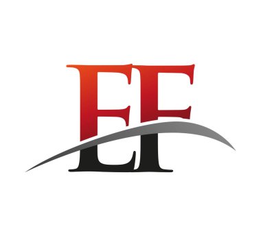 İlk harfi EF logotype şirketi. Renkli kırmızı ve siyah Swoosh tasarımı. Siyah arkaplanda izole.