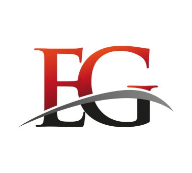İlk harf EG logotype şirketi adı kırmızı ve siyah swoosh tasarımı. Siyah arkaplanda izole.