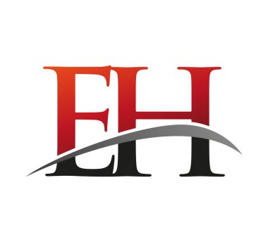 İlk harf: EH logotype şirketi. Renkli, kırmızı ve siyah Swoosh tasarımı. Siyah arkaplanda izole.