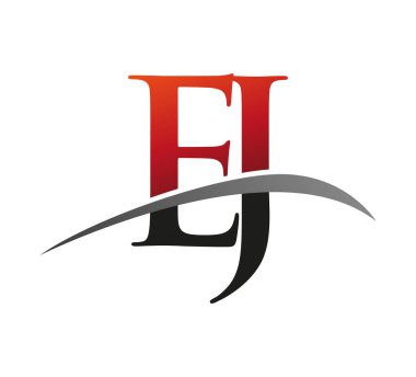 İlk harf: EJ logotype şirketi adı: Renkli kırmızı ve siyah Swoosh tasarımı. Siyah arkaplanda izole.