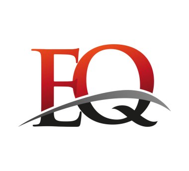 İlk harfi EQ logotype şirketi. Renkli kırmızı ve siyah Swoosh tasarımı. Siyah arkaplanda izole.