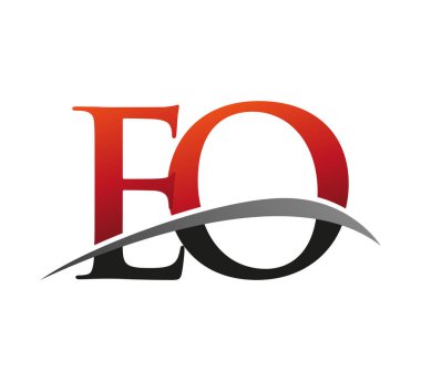 İlk harf EO logotype şirketi. Renkli kırmızı ve siyah Swoosh tasarımı. Siyah arkaplanda izole.