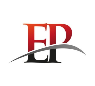 İlk harf EP logotype şirketi adı kırmızı ve siyah Swoosh tasarımı. Siyah arkaplanda izole.