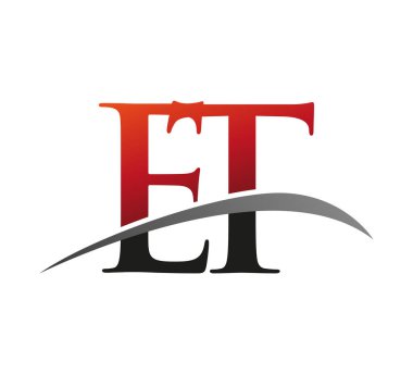 İlk harf ET logotype şirketi adı kırmızı ve siyah Swoosh tasarımı. Siyah arkaplanda izole.