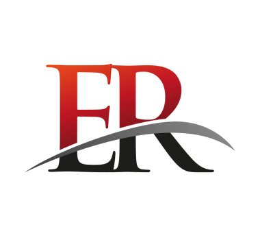 İlk harf ER logotype şirketi adı: Renkli kırmızı ve siyah Swoosh tasarımı. Siyah arkaplanda izole.