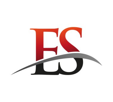 İlk harf ES logotype şirketi adı: Renkli kırmızı ve siyah Swoosh tasarımı. Siyah arkaplanda izole.