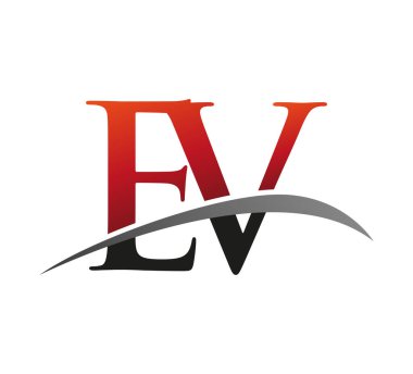İlk harf EV logotype şirketi adı kırmızı ve siyah swoosh tasarımı. Siyah arkaplanda izole.
