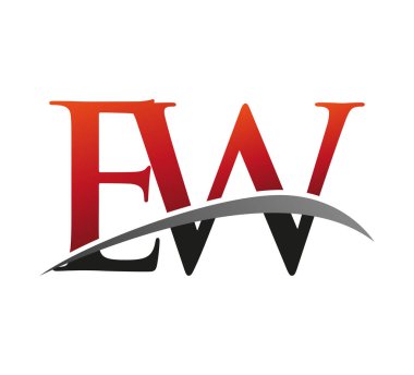 İlk harfi EW logotype şirketi. Renkli kırmızı ve siyah Swoosh tasarımı. Siyah arkaplanda izole.