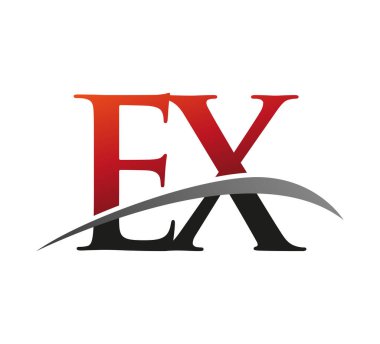 İlk harfi EX logotype şirketi. Renkli kırmızı ve siyah desenli. Siyah arkaplanda izole.