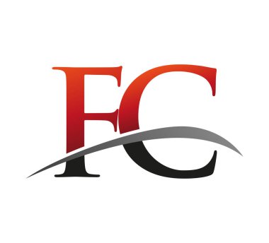 İlk harf FC logotype şirketi. Renkli kırmızı ve siyah Swoosh tasarımı. Siyah arkaplanda izole.