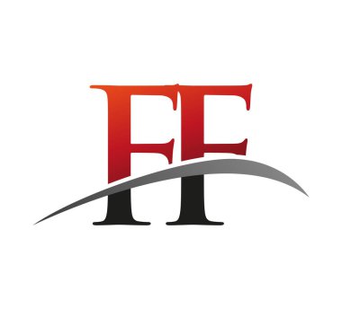 İlk harf FF logotype şirketi adı: Renkli kırmızı ve siyah Swoosh tasarımı. Siyah arkaplanda izole.