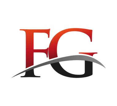 İlk harfi FG logotype şirketi. Renkli kırmızı ve siyah Swoosh tasarımı. Siyah arkaplanda izole.